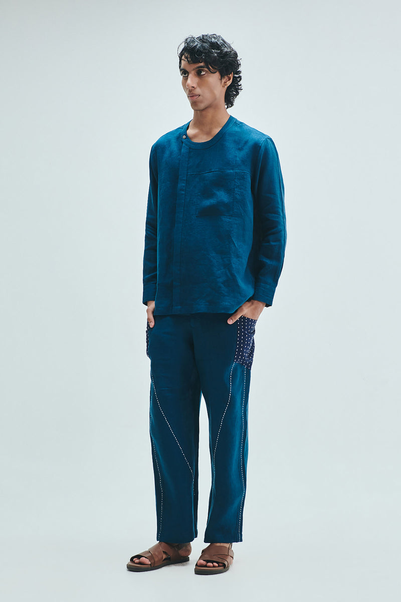Indigo Linen Men’s Side Placket Shirt linen shirt by Saphed Men in blue for men Worldwide