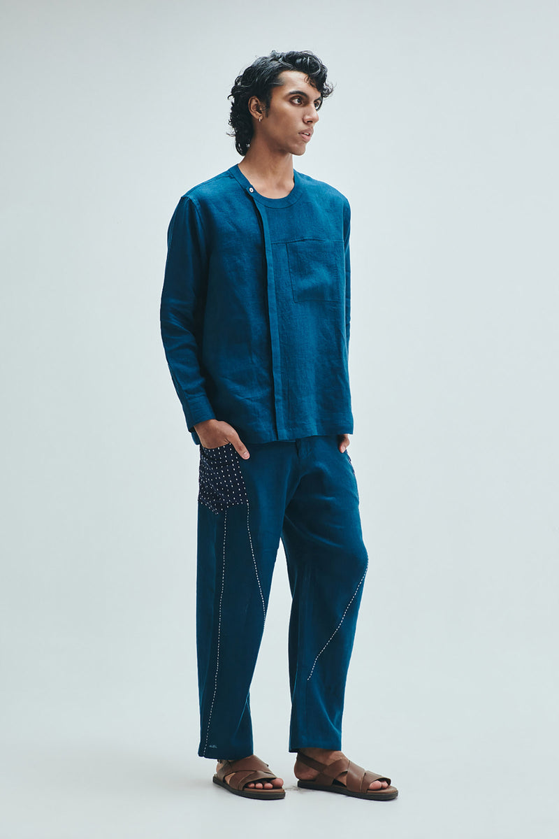Indigo Linen Kantha Men’s Panelled Pants linen pant/trouser by Saphed Men in blue for men Worldwide