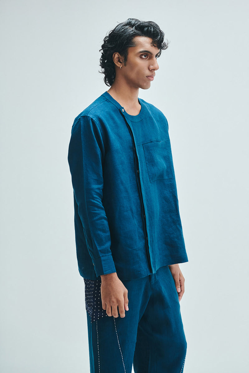 Indigo Linen Men’s Side Placket Shirt linen shirt by Saphed Men in blue for men Worldwide