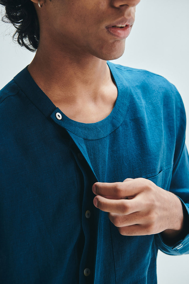 Indigo Linen Men’s Side Placket Shirt linen shirt by Saphed Men in blue for men Worldwide