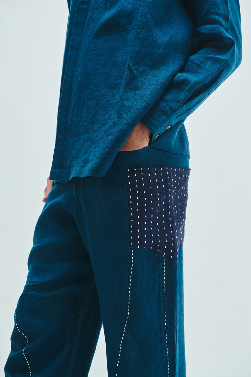 Indigo Linen Kantha Men’s Panelled Pants linen pant/trouser by Saphed Men in blue for men Worldwide