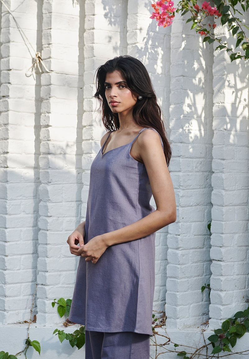 Dusk Co-Linen Slip Kurta linen by Saphed in grey color for women Worldwide