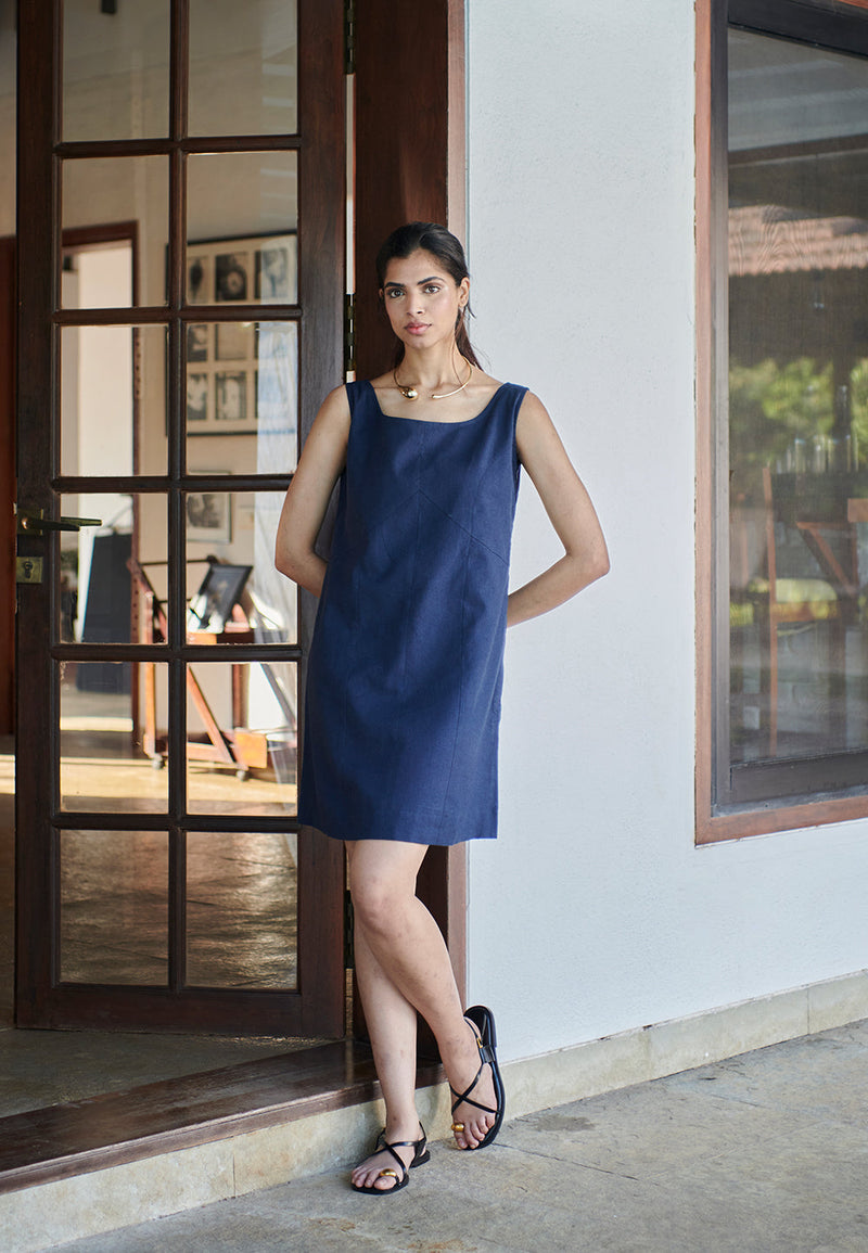 Navy Co-Linen Shift Dress linen by Saphed in navy color for women Worldwide
