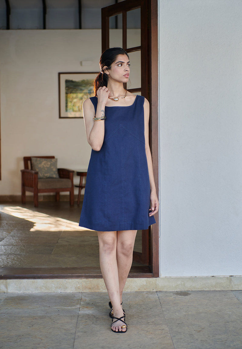 Navy Co-Linen Shift Dress linen by Saphed in navy color for women Worldwide
