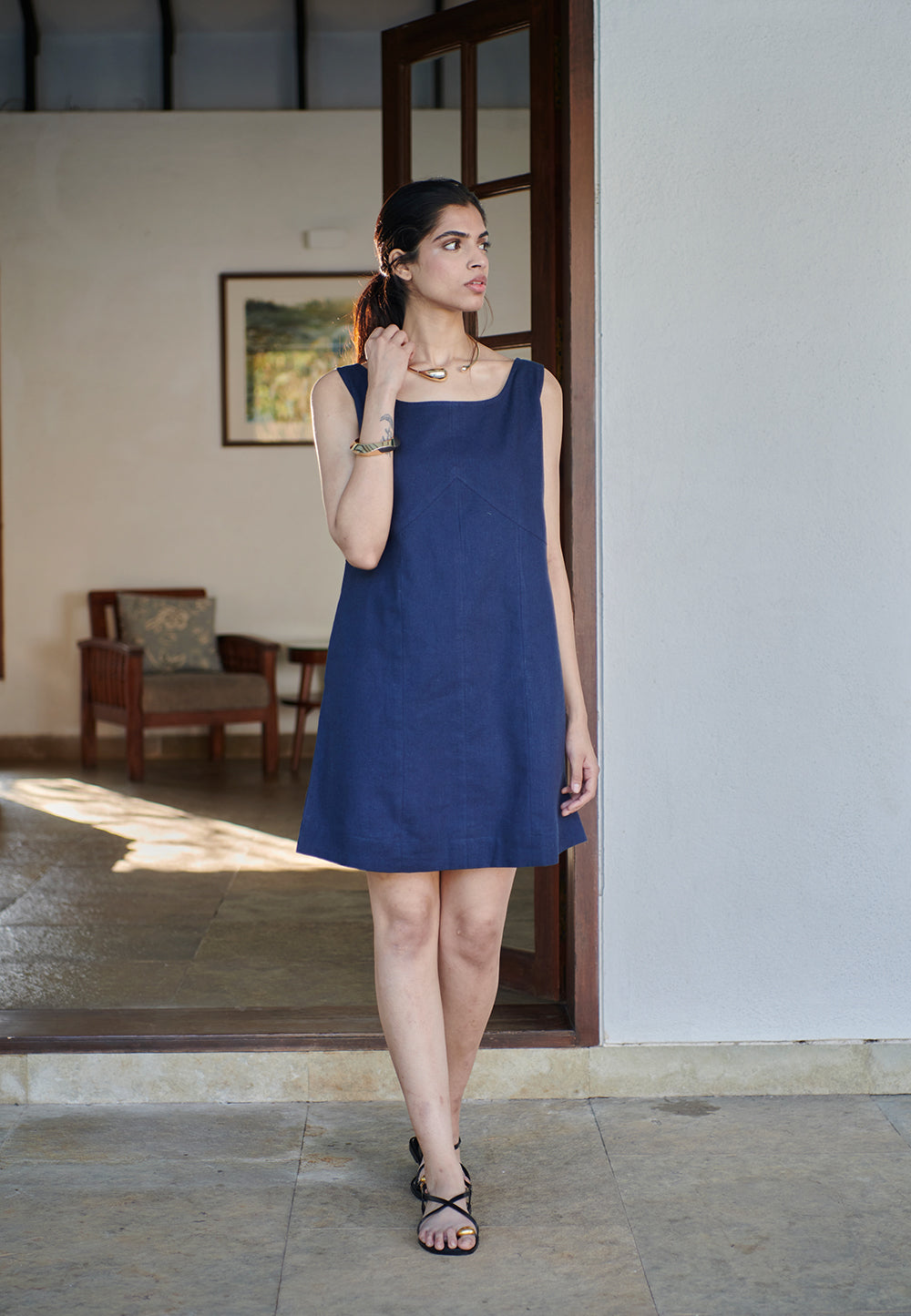 Navy Co-Linen Shift Dress