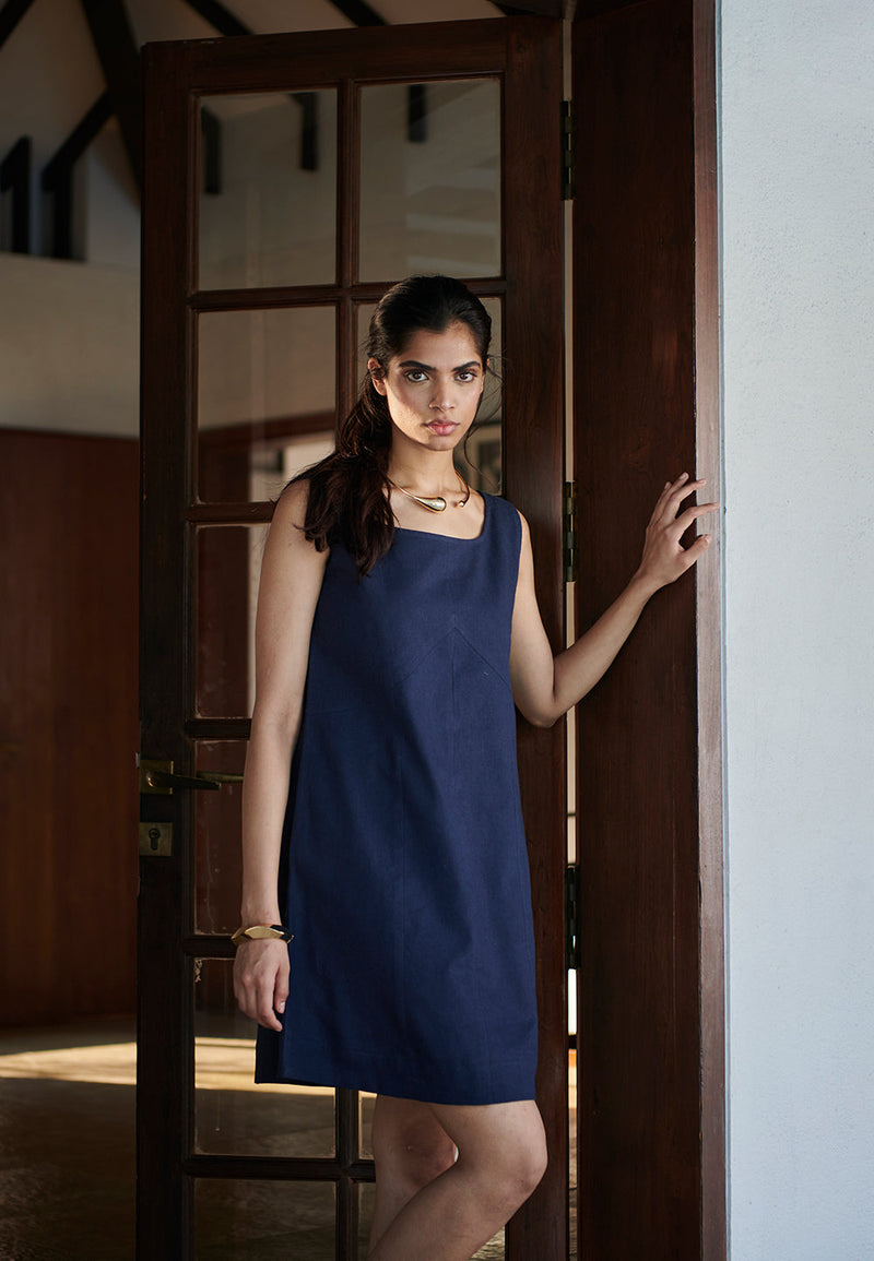 Navy Co-Linen Shift Dress linen by Saphed in navy color for women Worldwide