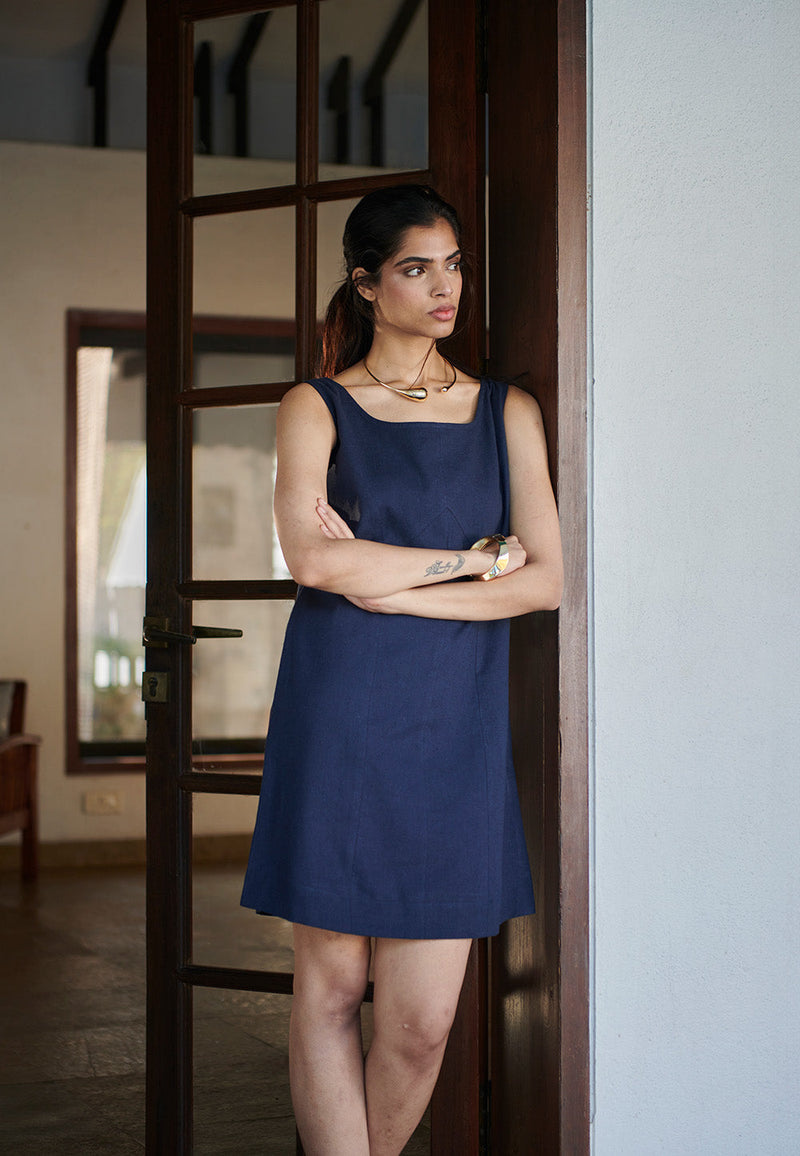 Navy Co-Linen Shift Dress linen by Saphed in navy color for women Worldwide
