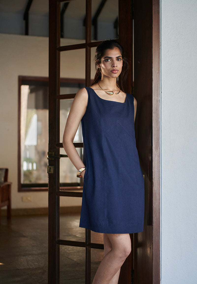 Navy Co-Linen Shift Dress linen by Saphed in navy color for women Worldwide