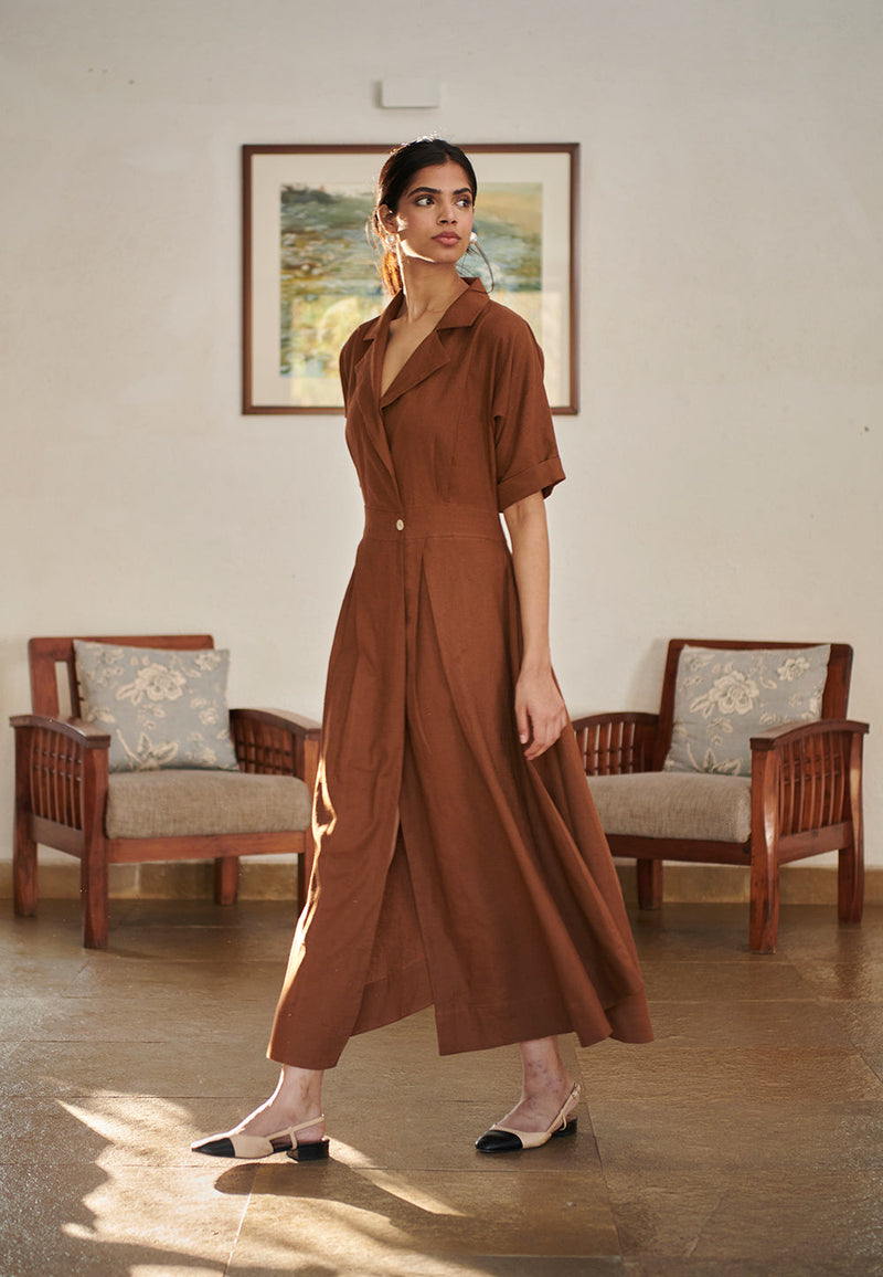 Mocha Co-Linen Wrap Dress linen by Saphed for women Worldwide