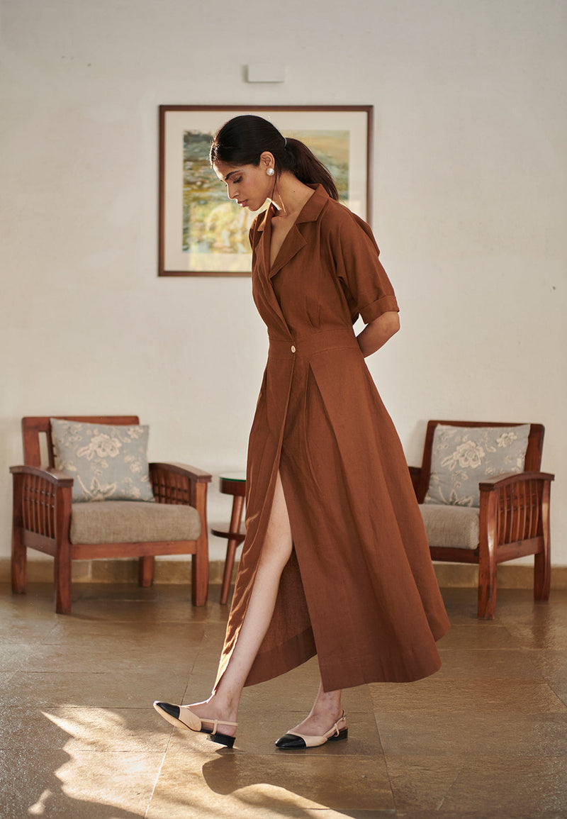 Mocha Co-Linen Wrap Dress linen by Saphed for women Worldwide