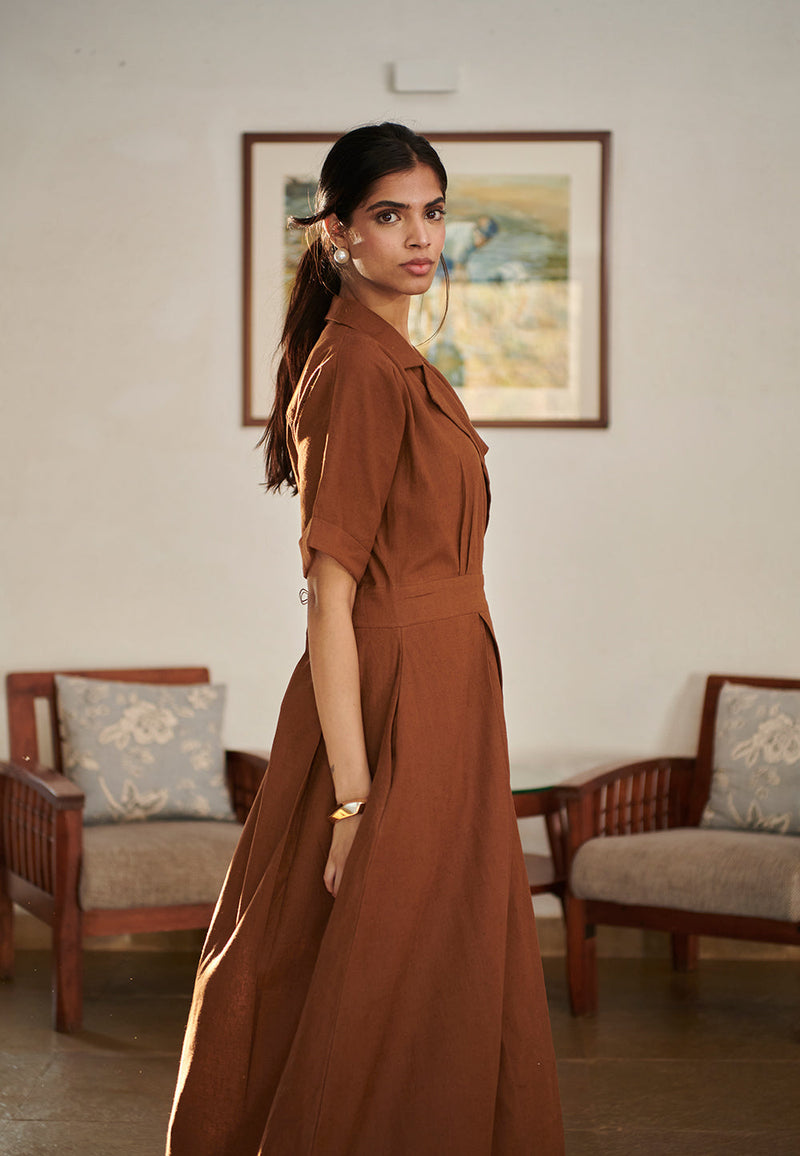 Mocha Co-Linen Wrap Dress linen by Saphed for women Worldwide