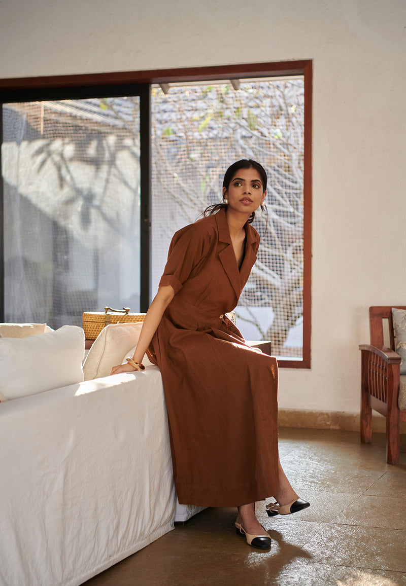 Mocha Co-Linen Wrap Dress linen by Saphed for women Worldwide
