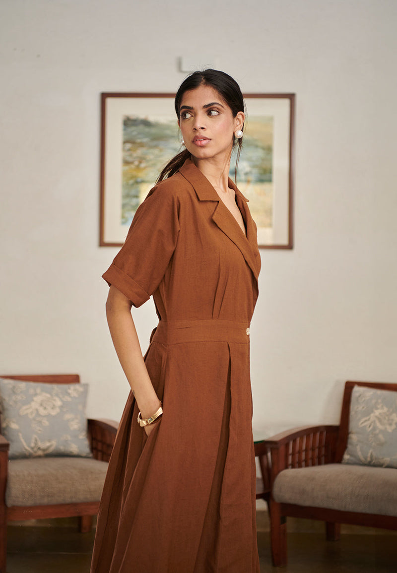 Mocha Co-Linen Wrap Dress linen by Saphed for women Worldwide