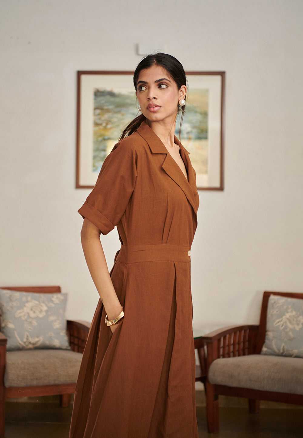 Mocha Co-Linen Wrap Dress