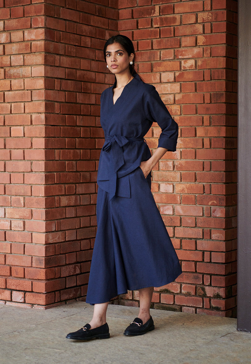 Navy Co-Linen Asymmetrical Skirt linen by Saphed for women Worldwide