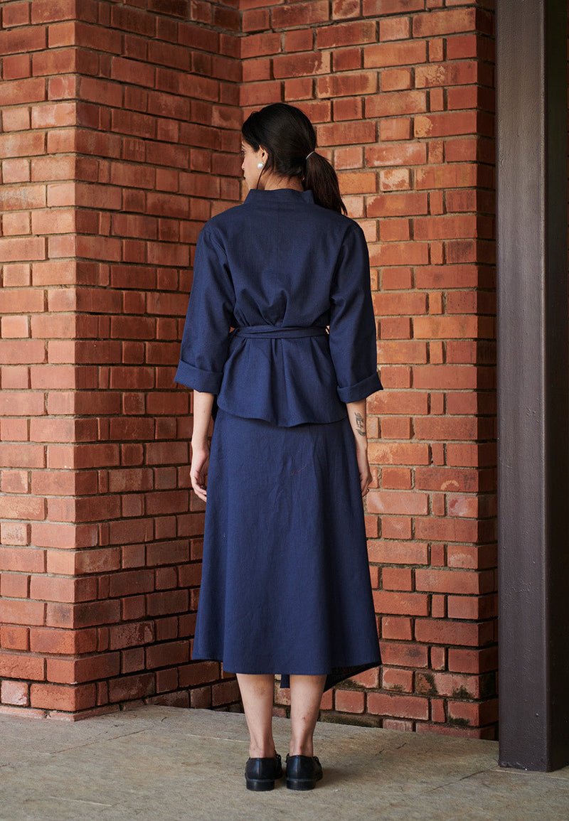 Navy Co-Linen Wrap Jacket linen by Saphed in navy color for women Worldwide