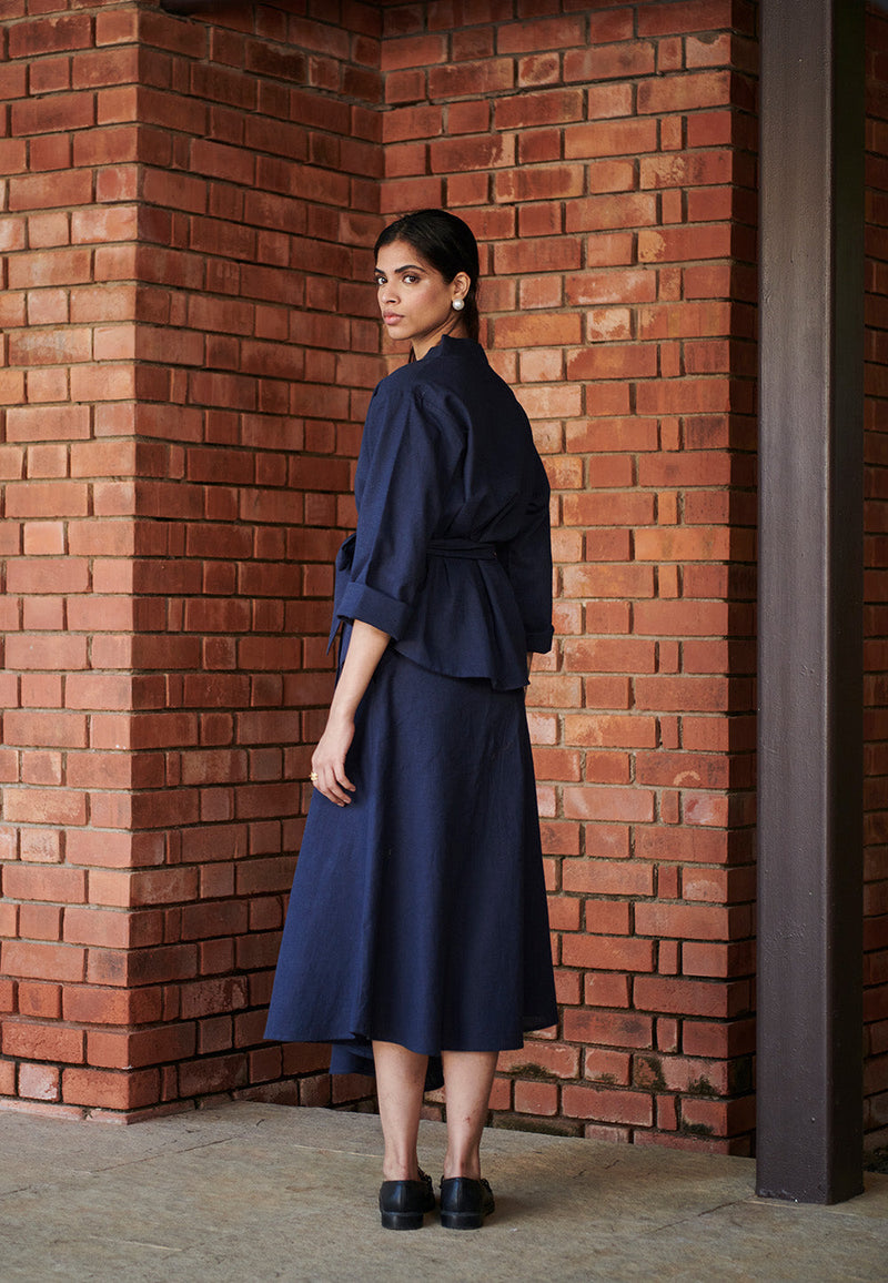 Navy Co-Linen Asymmetrical Skirt Set linen by Saphed in navy color for women Worldwide