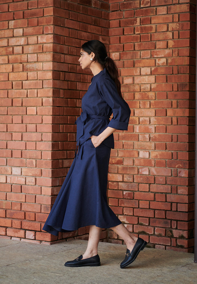 Navy Co-Linen Asymmetrical Skirt Set linen by Saphed in navy color for women Worldwide