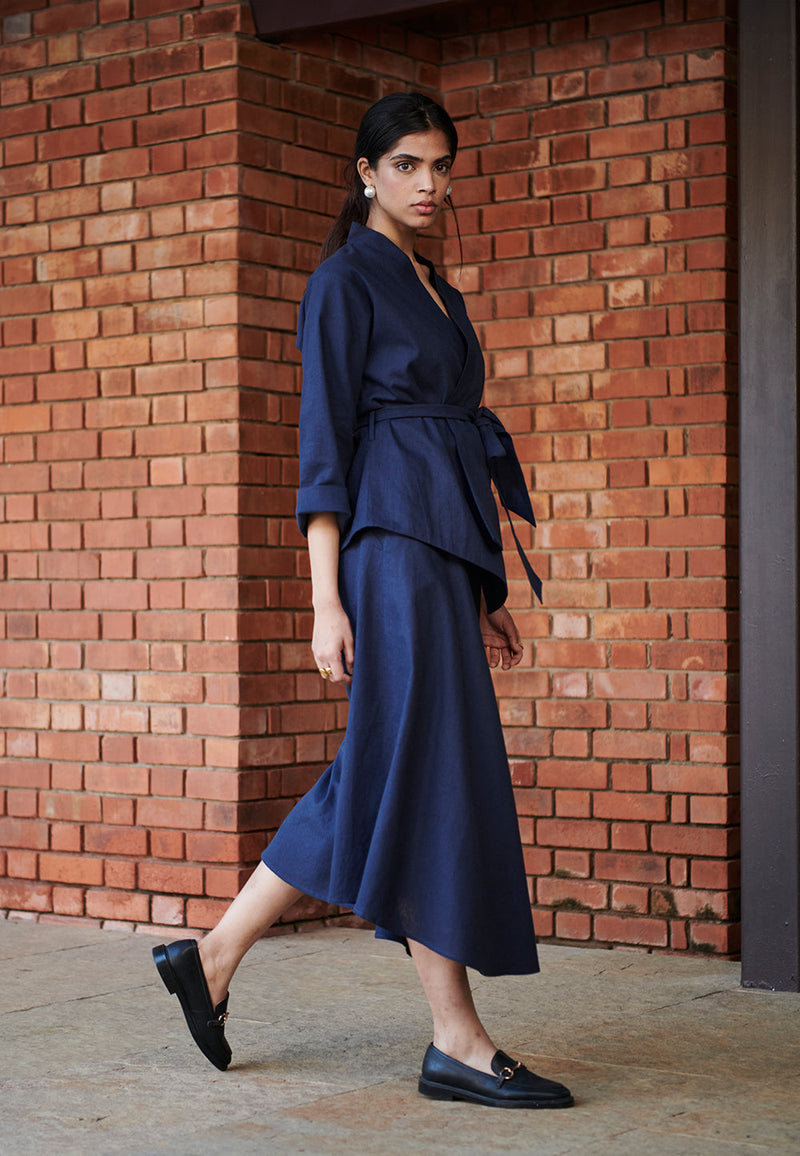Navy Co-Linen Asymmetrical Skirt Set linen by Saphed in navy color for women Worldwide