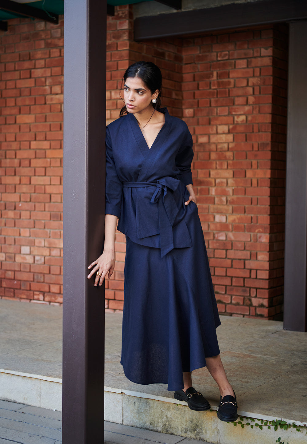 Navy Co-Linen Asymmetrical Skirt Set