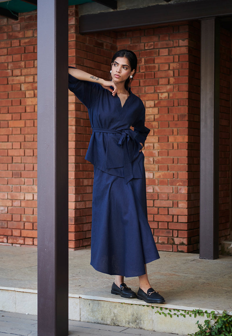 Navy Co-Linen Asymmetrical Skirt linen by Saphed for women Worldwide