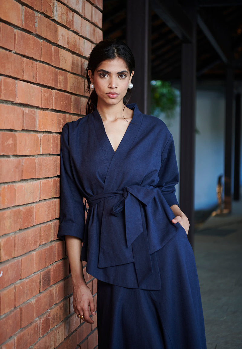 Navy Co-Linen Asymmetrical Skirt Set linen by Saphed in navy color for women Worldwide