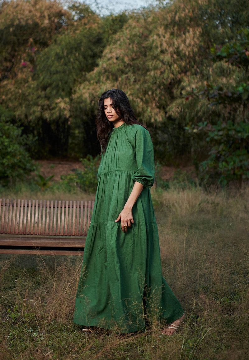 Thyme Co-Linen Three Tiered Dress linen by Saphed in green color for women Worldwide