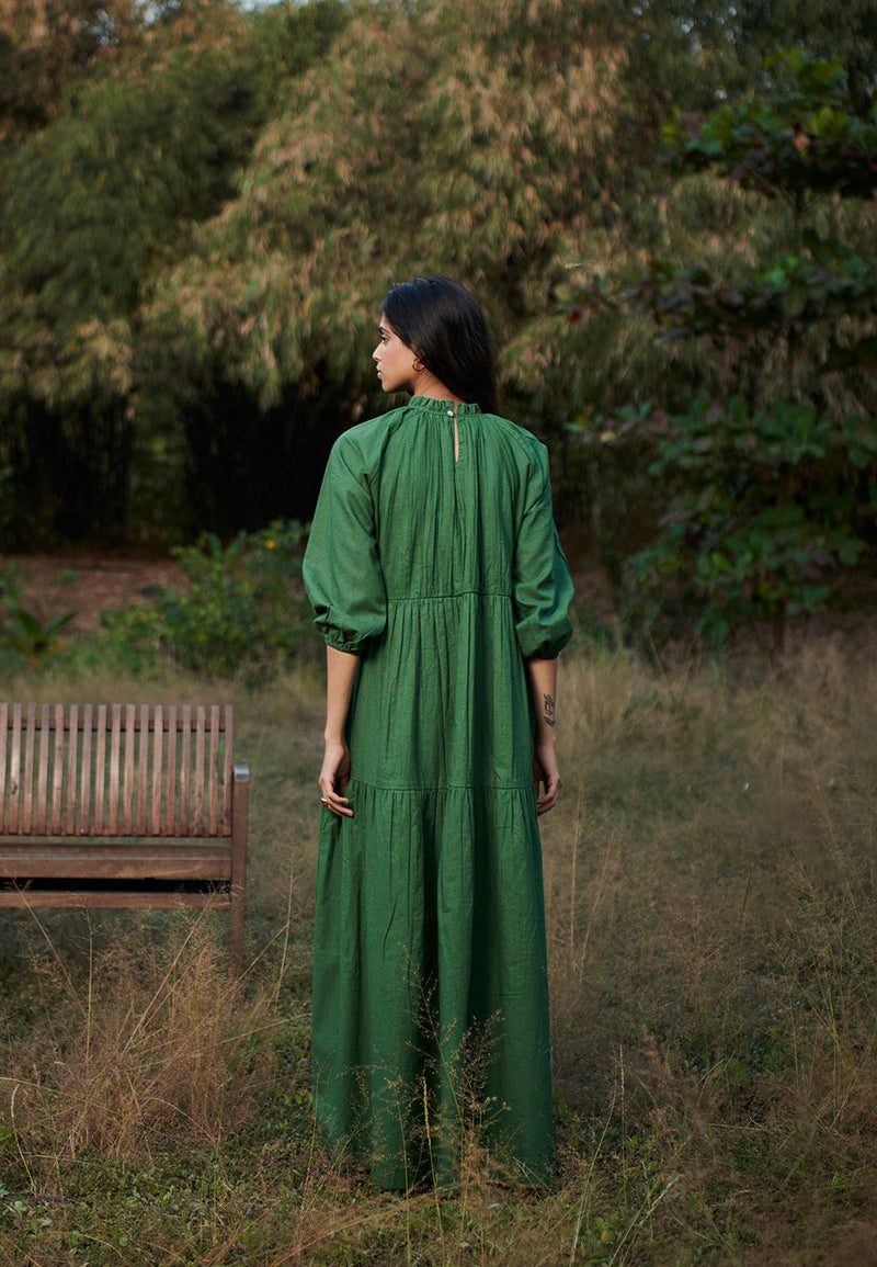 Thyme Co-Linen Three Tiered Dress linen by Saphed in green color for women Worldwide