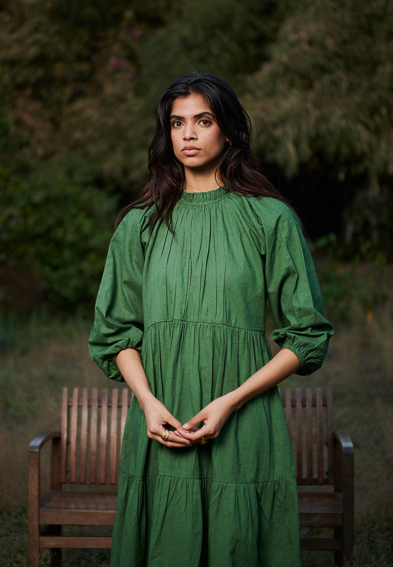 Thyme Co-Linen Three Tiered Dress linen by Saphed in green color for women Worldwide