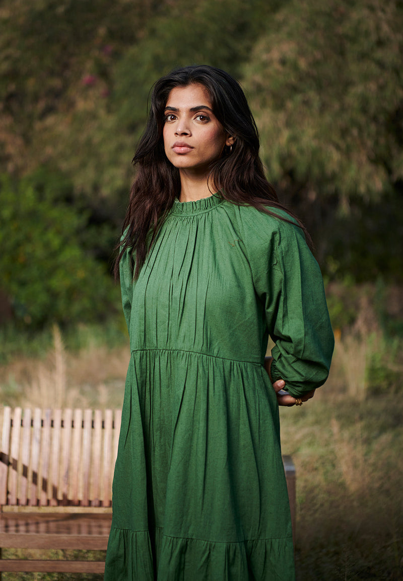 Thyme Co-Linen Three Tiered Dress linen by Saphed in green color for women Worldwide