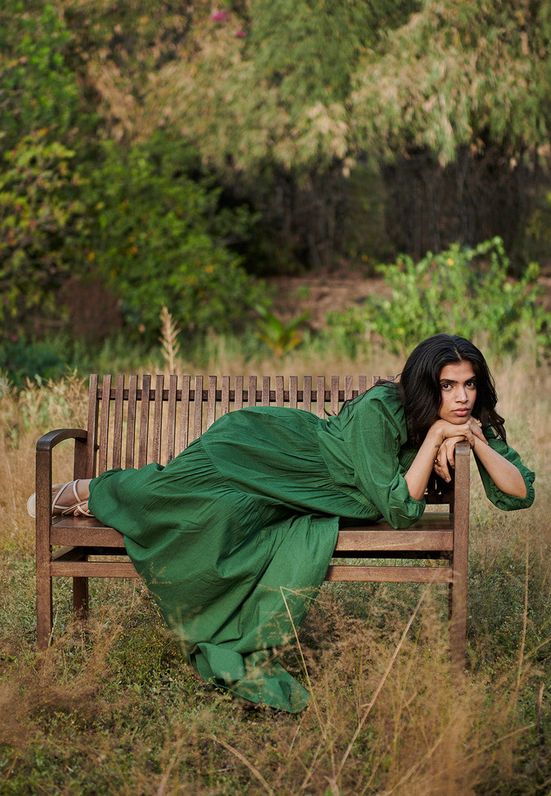 Thyme Co-Linen Three Tiered Dress linen by Saphed in green color for women Worldwide