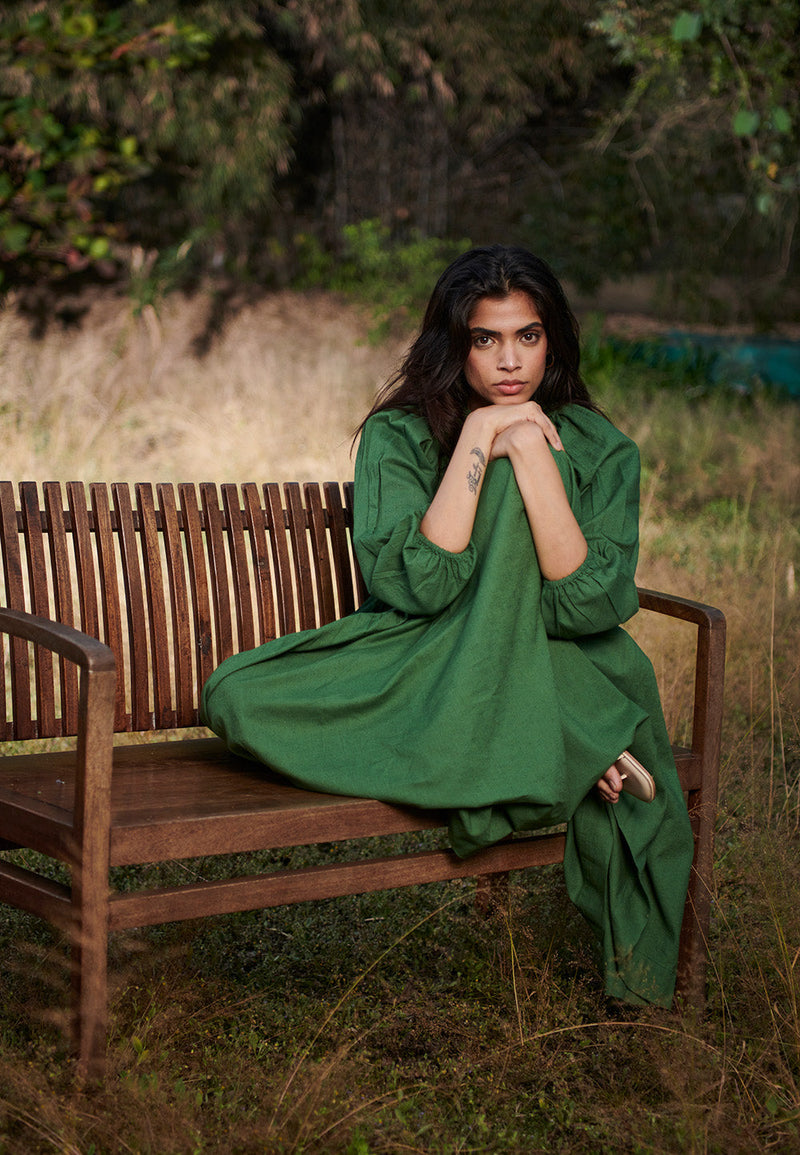 Thyme Co-Linen Three Tiered Dress linen by Saphed in green color for women Worldwide
