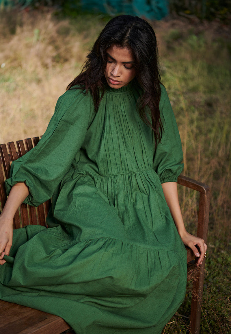 Thyme Co-Linen Three Tiered Dress linen by Saphed in green color for women Worldwide