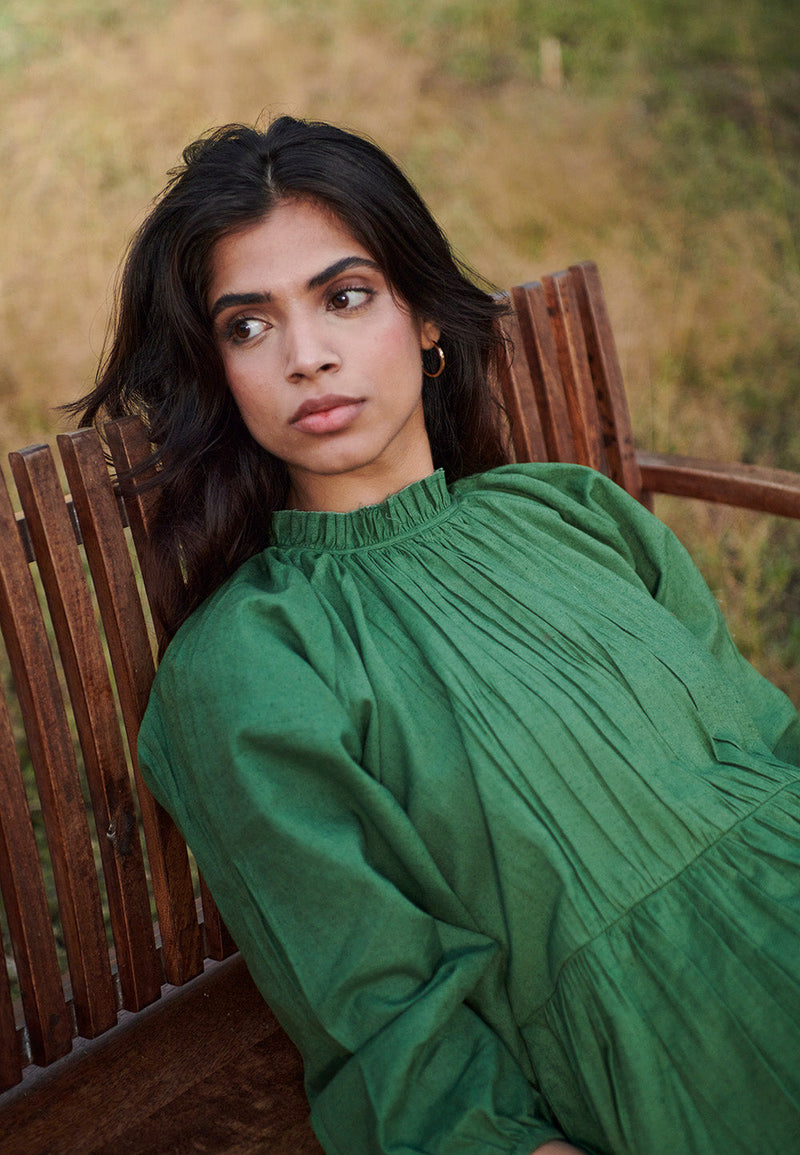 Thyme Co-Linen Three Tiered Dress linen by Saphed in green color for women Worldwide