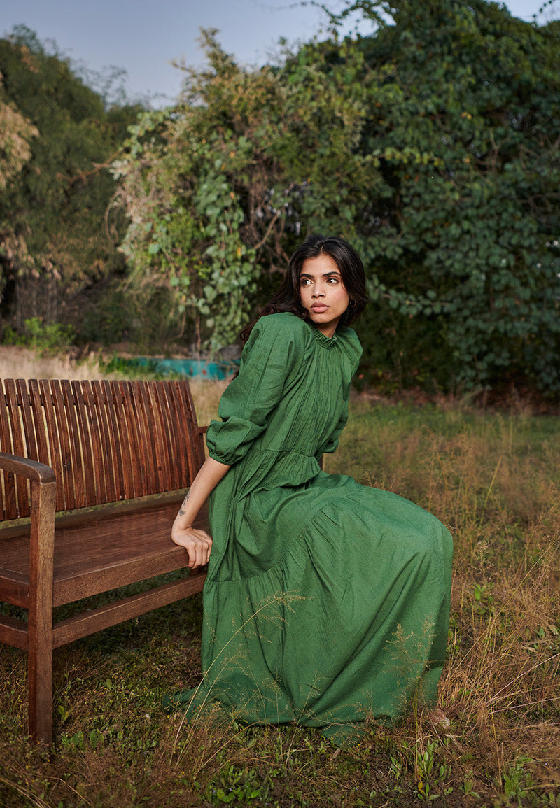 Thyme Co-Linen Three Tiered Dress linen by Saphed in green color for women Worldwide