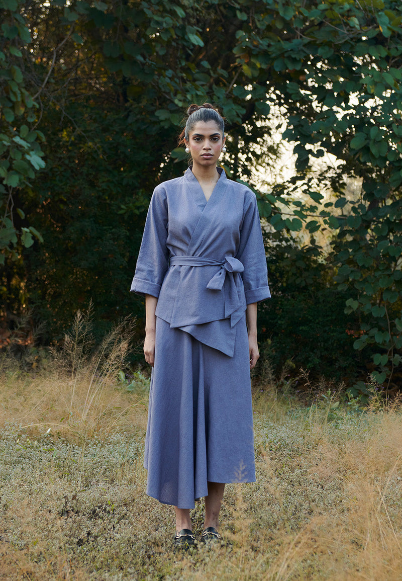 Dusk Co-Linen Asymmetrical Skirt Set linen by Saphed in grey color for women Worldwide