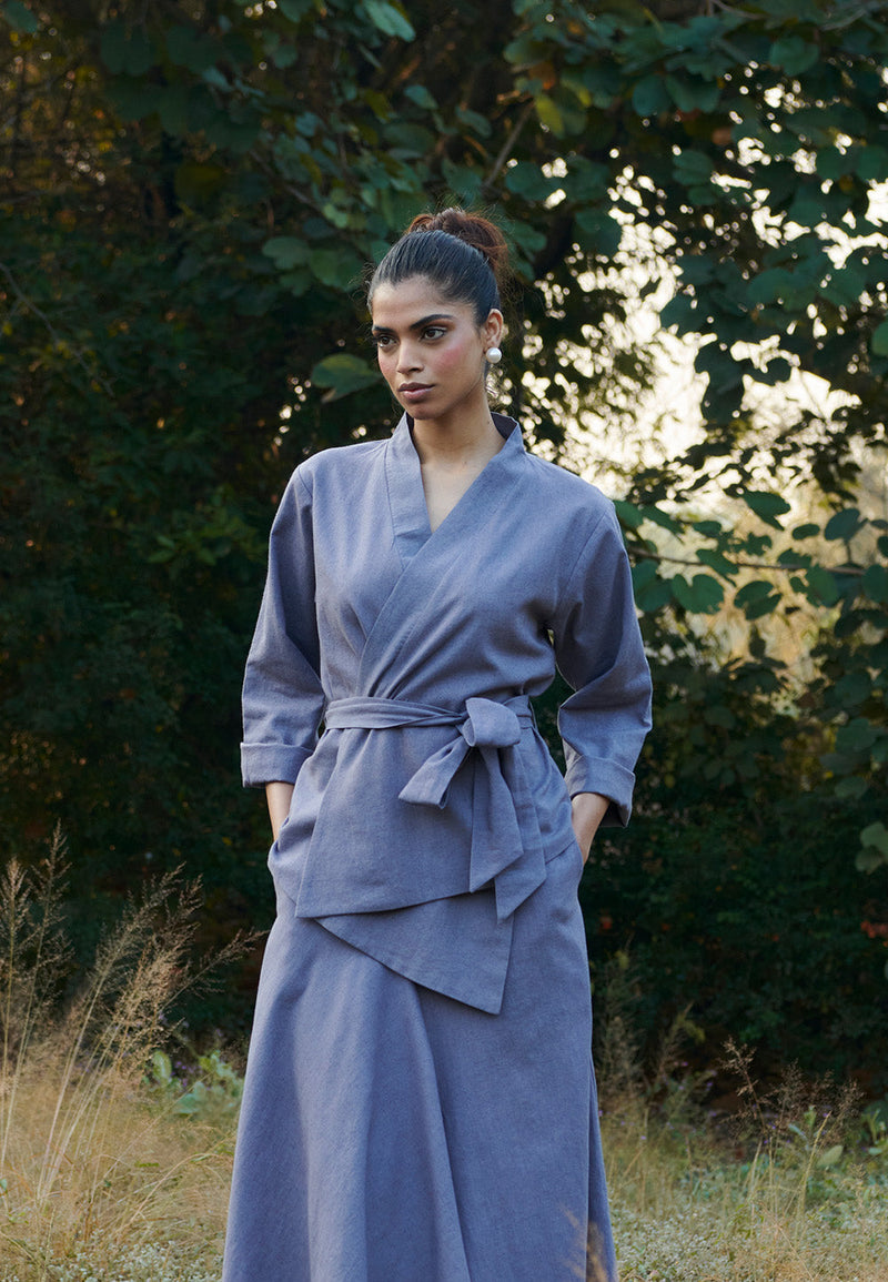 Dusk Co-Linen Asymmetrical Skirt Set linen by Saphed in grey color for women Worldwide