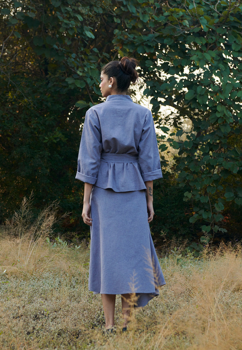 Dusk Co-Linen Asymmetrical Skirt Set linen by Saphed in grey color for women Worldwide