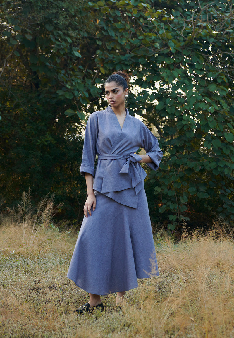 Dusk Co-Linen Wrap Jacket linen by Saphed in grey color for women Worldwide