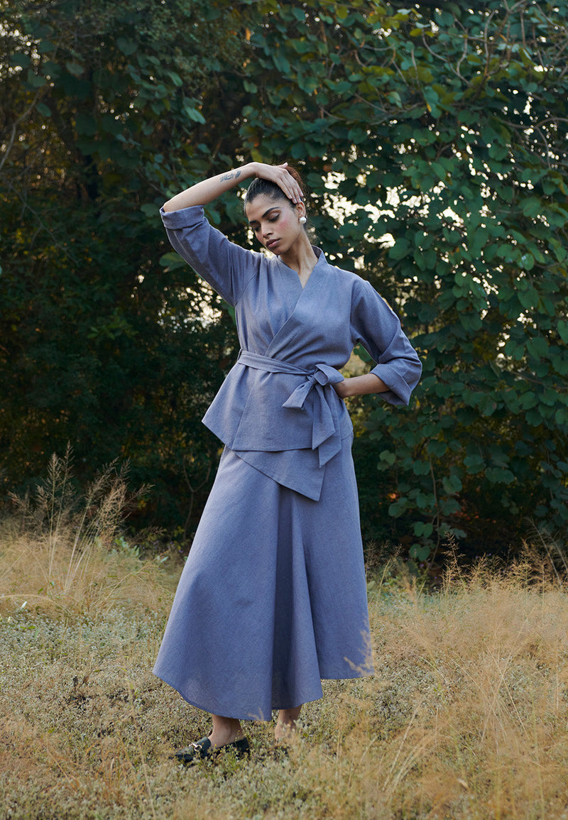 Dusk Co-Linen Wrap Jacket linen by Saphed in grey color for women Worldwide