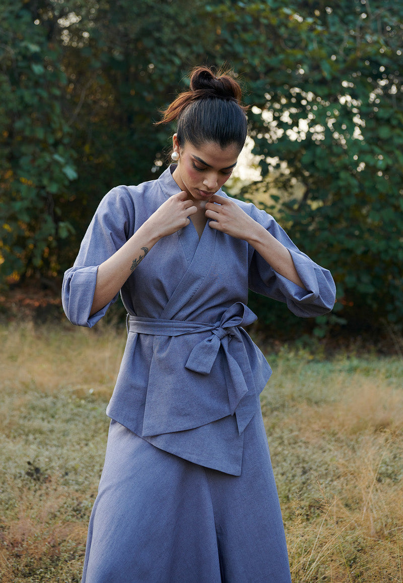 Dusk Co-Linen Asymmetrical Skirt Set linen by Saphed in grey color for women Worldwide