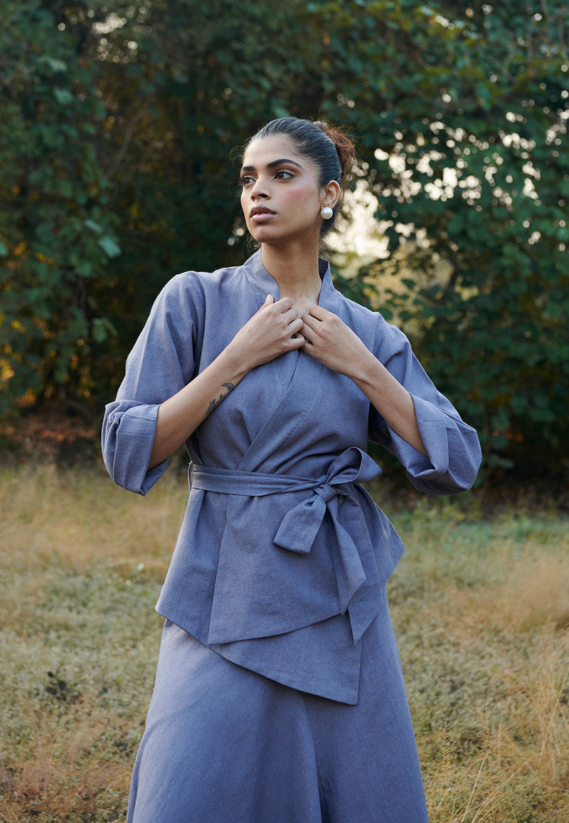 Dusk Co-Linen Asymmetrical Skirt Set linen by Saphed in grey color for women Worldwide