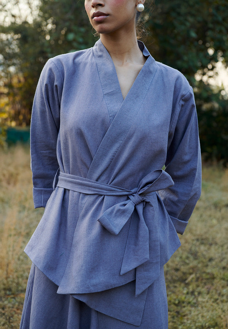 Dusk Co-Linen Wrap Jacket linen by Saphed in grey color for women Worldwide