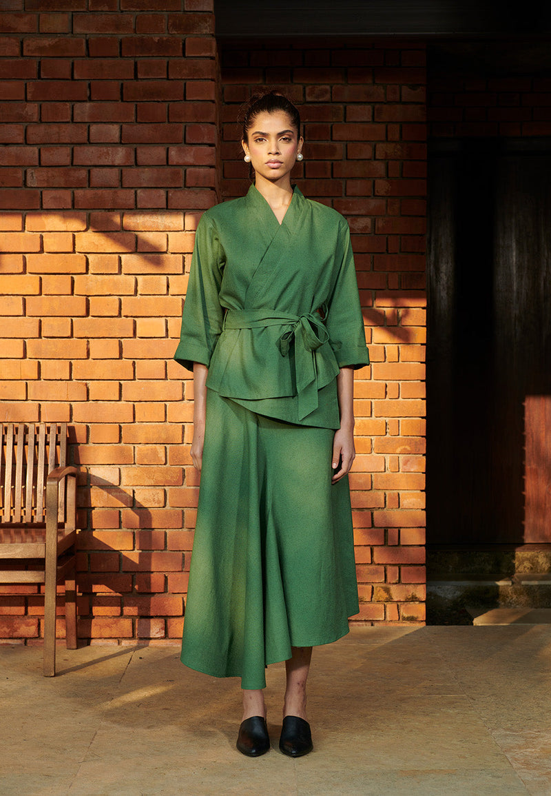 Thyme Co-Linen Asymmetrical Skirt Set linen by Saphed in green color for women Worldwide
