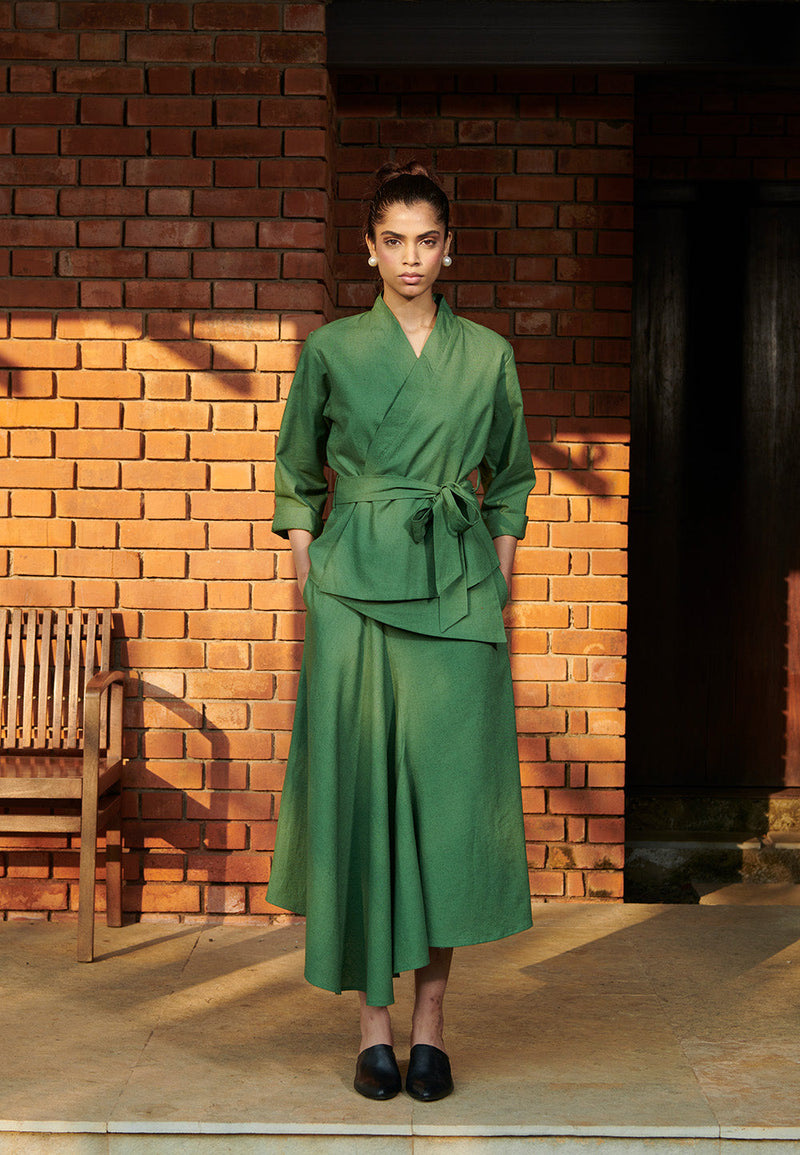 Thyme Co-Linen Asymmetrical Skirt Set linen by Saphed in green color for women Worldwide