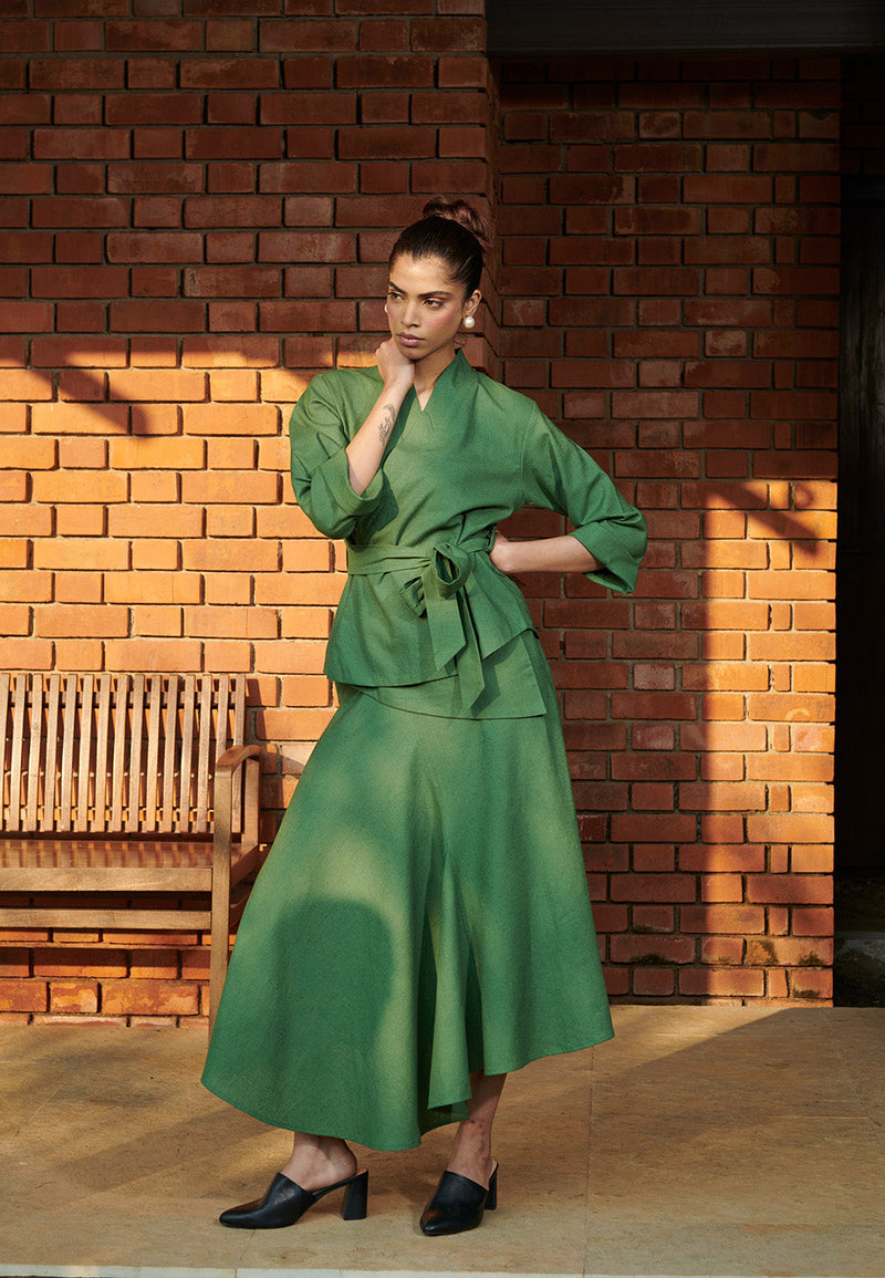 Thyme Co-Linen Wrap Jacket linen by Saphed in green color for women Worldwide