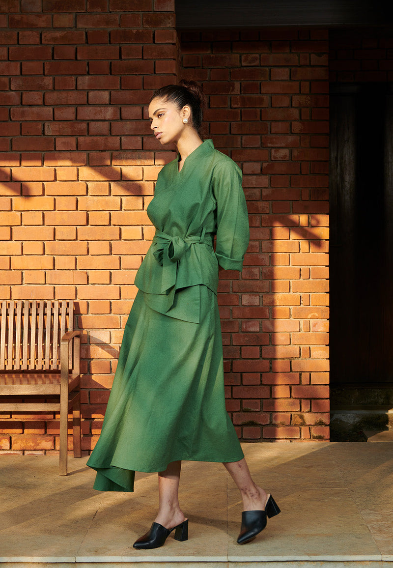 Thyme Co-Linen Wrap Jacket linen by Saphed in green color for women Worldwide