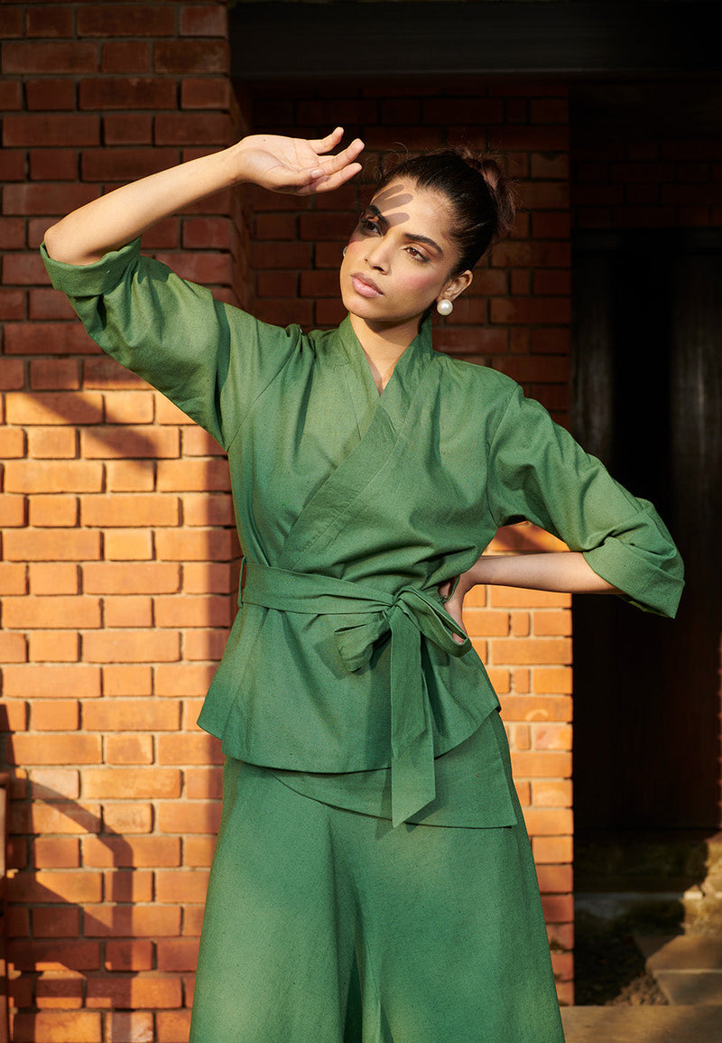 Thyme Co-Linen Asymmetrical Skirt Set linen by Saphed in green color for women Worldwide