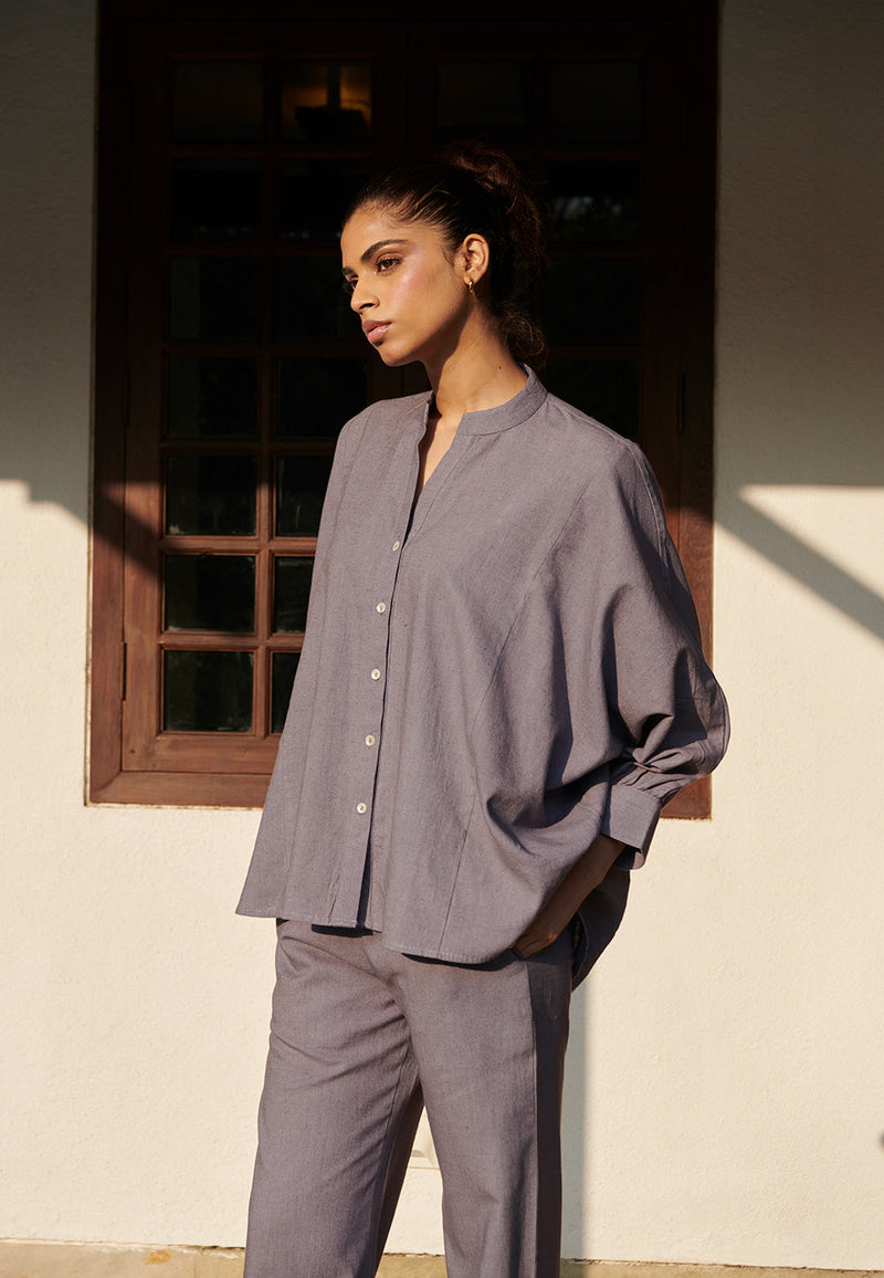 Dusk Co-Linen Dolman Shirt Set linen by Saphed in grey color for women Worldwide