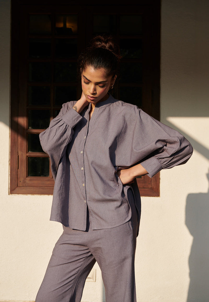 Dusk Co-Linen Dolman Shirt Set linen by Saphed in grey color for women Worldwide